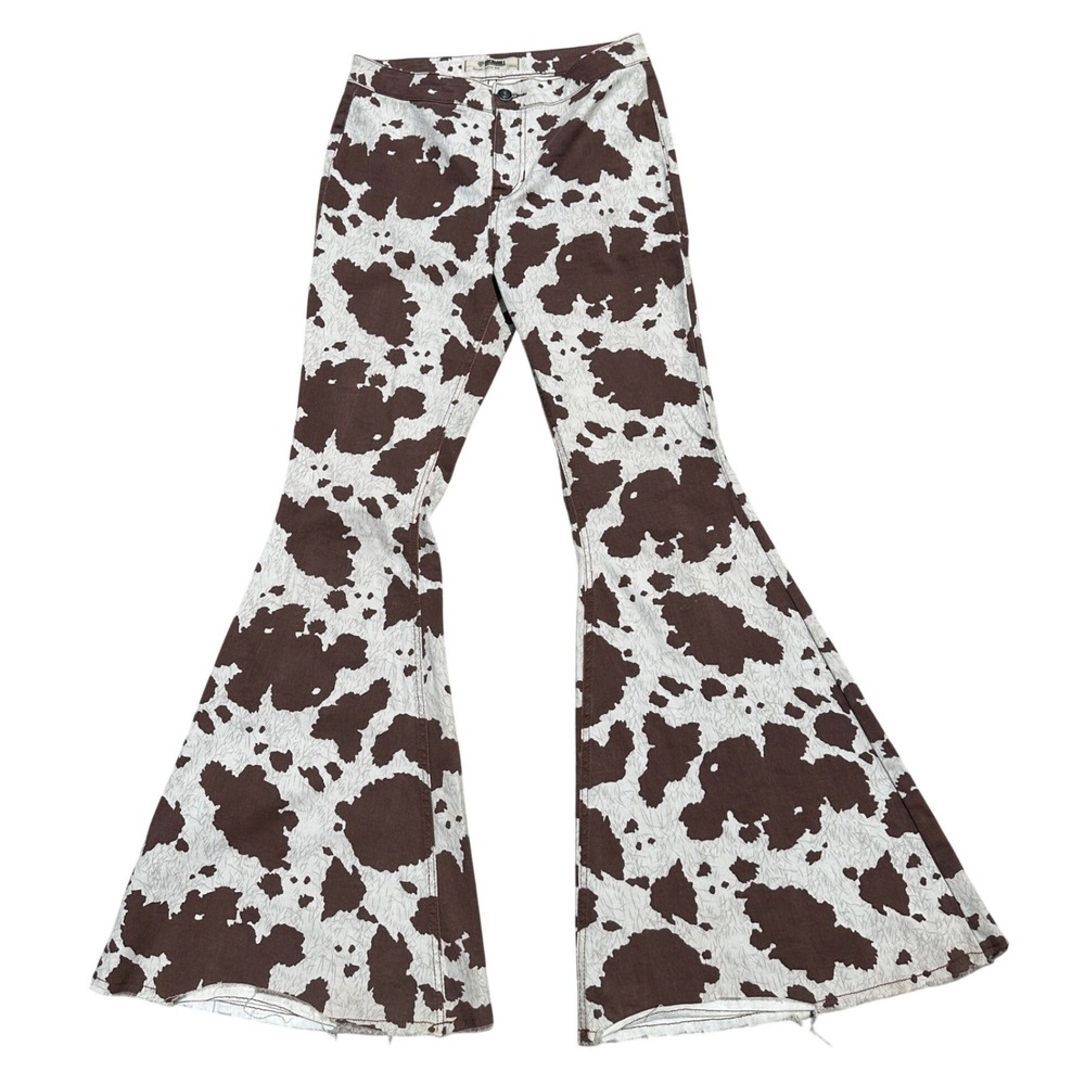 Rock & Roll Denim Brown Cow Print Bargain Button Bell Flare Jeans 29x34